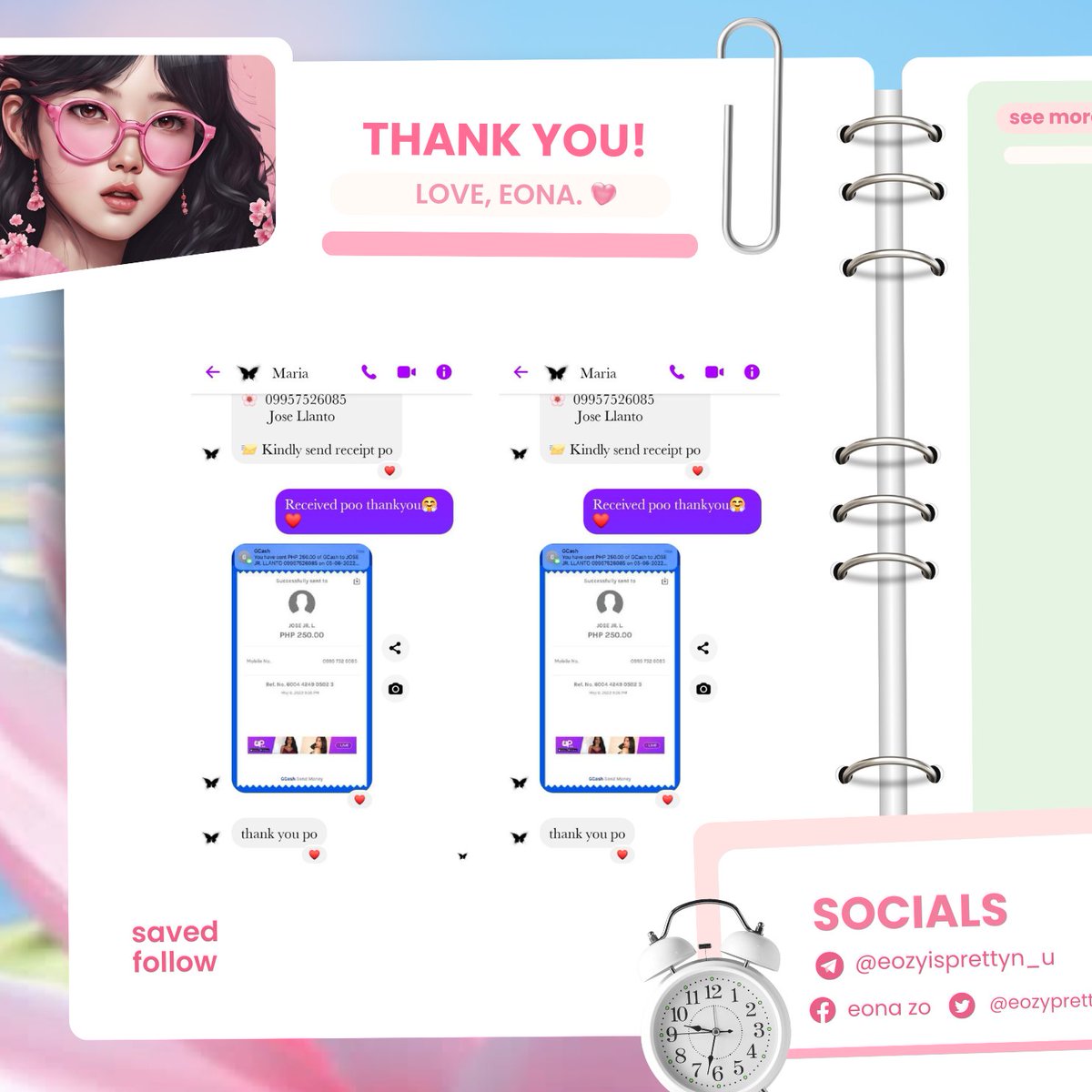 .
𓍯𓂃.🌱📎 : proof of transaction'
-- some past and new feedback from my lovely clients! always happy to serve you. thank you so much for choosing me. mwa 💚

‧ ‧₊˚🖇️ est. 2020 ✩
₊˚🥞 open for inquiries ⊹ 🌱
📁｡ see more: t.me/eozyvouches
