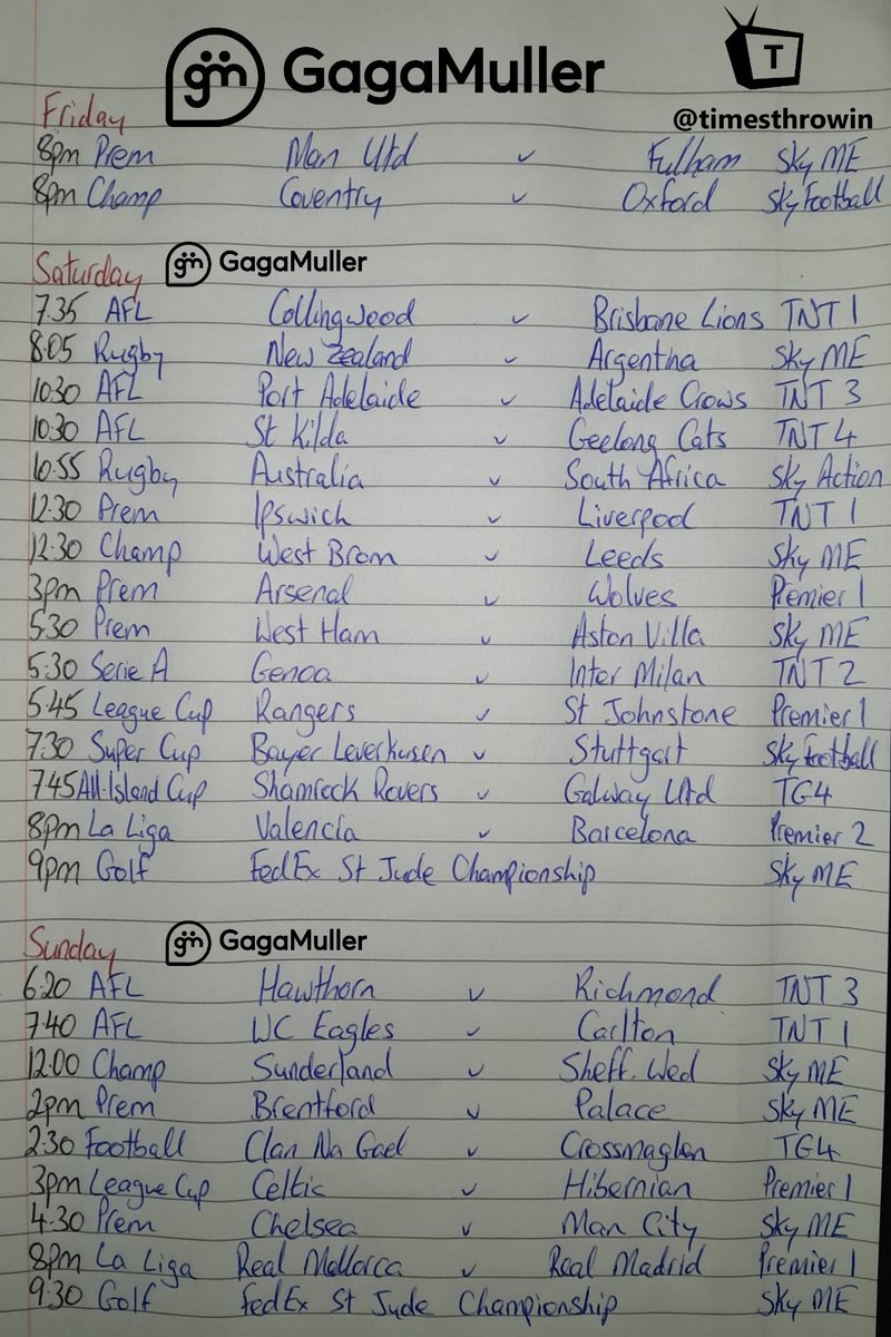 Our beloved Premier League is finally back, thanks be to God, and she promises to be a cracker of an opening weekend! 💃 I write this schedule out as I sip on a pint after a hard days work! No better feeling! Enjoy her folks!

gagamuller.com

linkedin.com/company/gagamu…