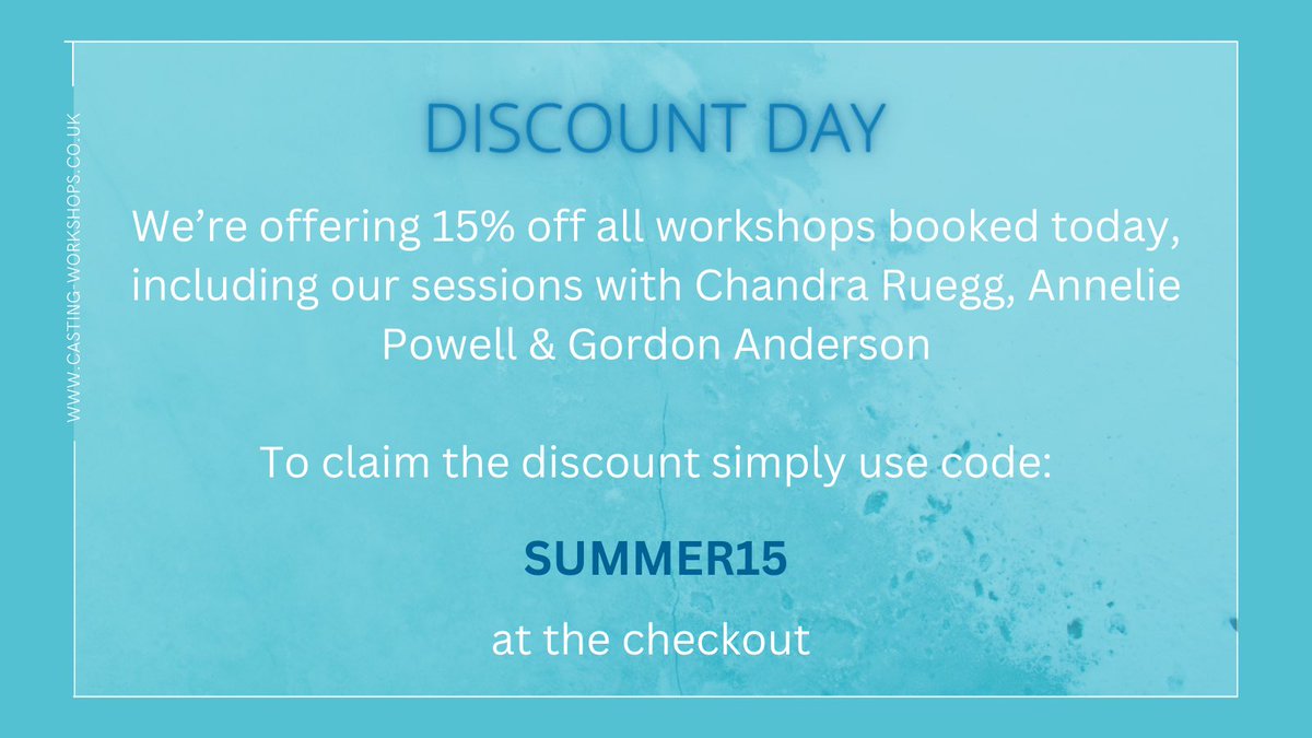Casting Workshops (@castingworkshop) on Twitter photo Weâre having a Summer Sale - 15% off all workshops⊠that includes upcoming sessions with <a href="/AnneliePowell/">Annelie Powell CDG</a>, <a href="/AmyJacksoncast/">Amy Jackson CDG</a>, Chandra Ruegg. See details below and donât miss out on this offer - book a session nowâŠ
casting-workshops.co.uk/workshops Weâre having a Summer Sale - 15% off all workshops⊠that includes upcoming sessions with <a href="/AnneliePowell/">Annelie Powell CDG</a>, <a href="/AmyJacksoncast/">Amy Jackson CDG</a>, Chandra Ruegg. See details below and donât miss out on this offer - book a session nowâŠ
casting-workshops.co.uk/workshops