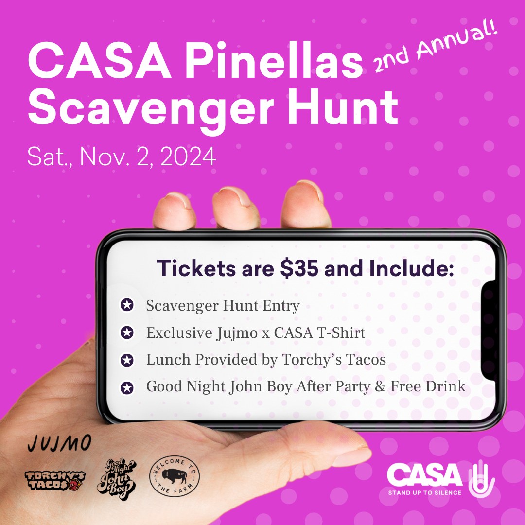 Get ready for CASA's Domestic Violence Awareness Scavenger Hunt on November 2! Build a team, raise critical funds to support local survivors, and win super fun prizes as you earn points through DTSP. 

Use the code EARLYBIRD to get a 10% discount p2p.onecause.com/casa.