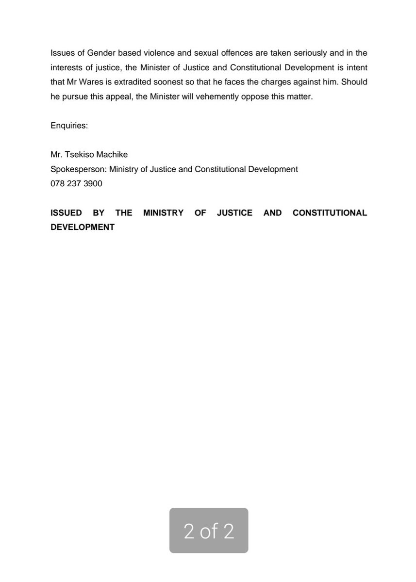 16 August 3l2024

MEDIA STATEMENT  - EXTRADITION MR IAIN WARES