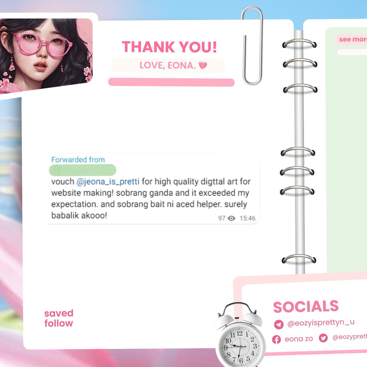 `
𓍯𓂃.🌱📎 : digital arts for website '
 ❝sobrang ganda and it exceeded my expectation!❞
-- made my day again and again! 🥹  always happy to serve you. thank you so much for choosing me. mwa 💚

₊˚🥞 open for inquiries ⊹ 🌱
📁｡ see more: t.me/eozyvouches