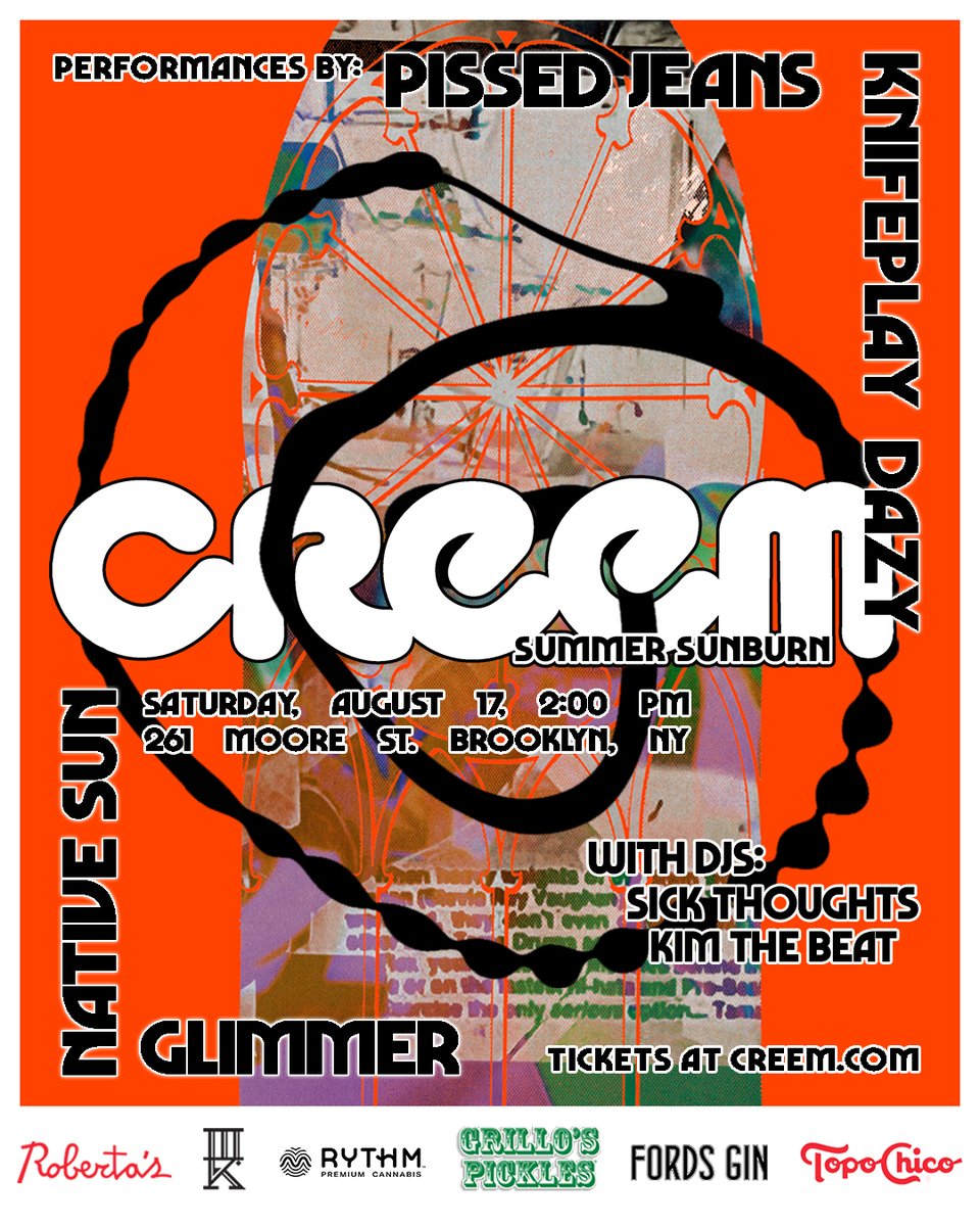 Saturday afternoon at Roberta's in Brooklyn!   Sets by Pissed Jeans, Knifeplay, Dazy, Native Sun, Glimmer &amp; more creem.com/products/creem…