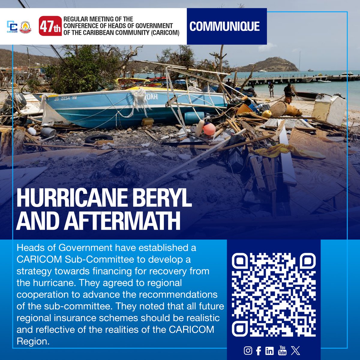 CARICOMorg's tweet photo. ⛈️Hurricane Beryl was one of the thematic areas discussed at the 47th #CARICOM Heads of Government Meeting
📝Want to know the details of the discussions?
📲Scan the QR code now or visit https://t.co/ZEtMCFgC5l for the in-depth details
#47HGC #HURRICANEBERYL https://t.co/B7cPiqnCke
