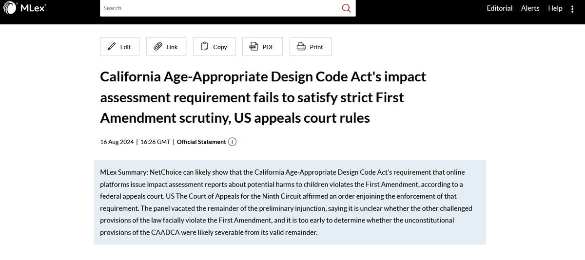 Swiftstories's tweet image. Breaking on @mlexclusive The Ninth Circuit has affirmed the district court&apos;s injunction blocking California&apos;s Age-Appropriate Design Code on #FirstAmendment grounds. #contentmoderation #OnlineSafety