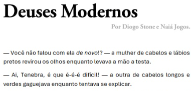 Instigades pelos #Tormenta25Anos e pelos deuses modernizados no traço da <a href="/ElenaNaah/">Nat Helena ⭐️ commissions CLOSE ⭐️</a>, e fanfiqueire de plantão da Naiá não pôde deixar de dar voz as divindades de Arton na atualidade.

E se eles vivessem entre nós, em seus apartamentos, com seus trabalhos e contas pra pagar?