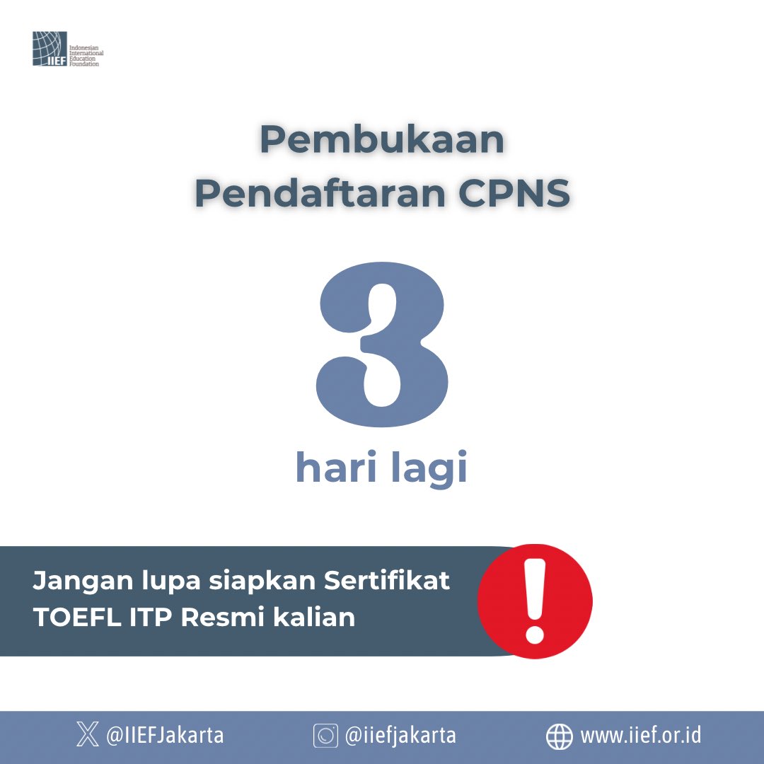 IIEFJakarta's tweet photo. Halo Sahabat IIEF! Siapa nih yang masih berjuang untuk CPNS ?, Pastikan Sahabat IIEF menggunakan hasil TOEFL ITP yang asli

Bagi Kalian yang belum punya skor TOEFL ITP. Silahkan daftarkan diri kalian

Semangat para pejuang CPNS 🔥 

#CPNS #CPNS2024 #TOEFLITP #sahabatIIEF https://t.co/BwBMK4KZek