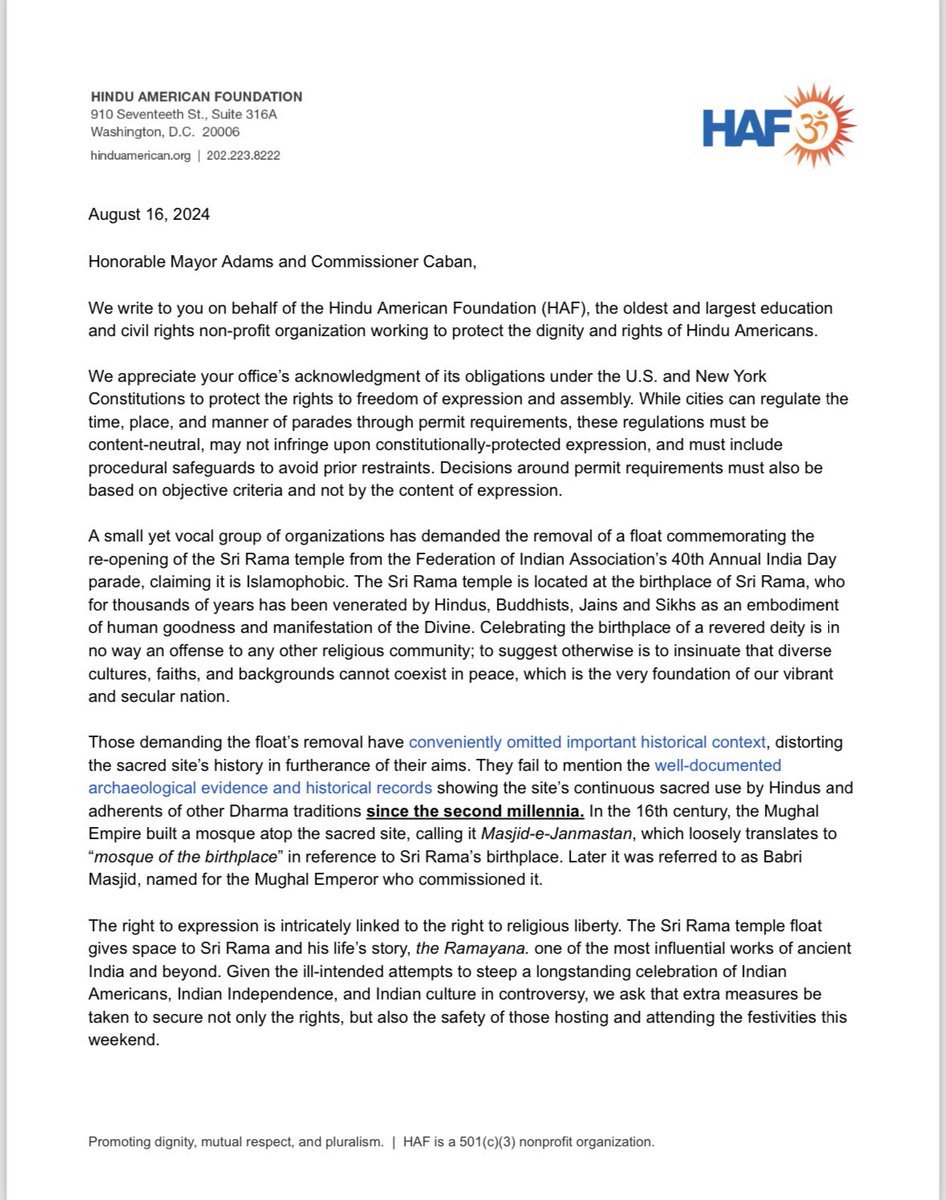 HinduAmerican's tweet photo. We urge you @NYCMayor & @NYPDPC to uphold the rights to freedom of expression and assembly at the India Day Parade. 

The Sri Rama temple float celebrates cultural heritage, not division. Let’s ensure a safe and inclusive event for all communities. 

Thank you for your support! #IndiaDayParade #UnityInDiversity 

@AP @RNS @arunNYC @sakshi_saroja