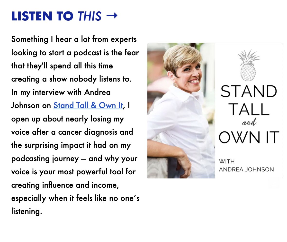 AndreaOptimist's tweet photo. When you read to the BOTTOM of your favorite podcast coach's newsletter... and see THIS!!! 
Thank you, @CourtneyElmer_ for the interview (great episode, by the way) AND the shout-out!

🎧 here: https://t.co/MNbRspRxMj

#podcast #standtallandownit  #podcasting https://t.co/qaKm8np7hQ