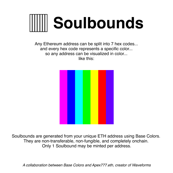 0FJAKE's tweet photo. Introducing: Soulbounds

Mint your ETH address, in color 👀
https://t.co/SIQB1L0ckd

Built in collaboration with @apex_ether