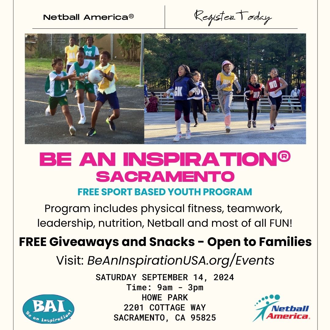 NetballAmerica's tweet photo. 🌟 BE AN INSPIRATION® SACRAMENTO 🌟
🗓️ Saturday, September 14, 2024
 ➡️ Register here: https://t.co/dxZc3tu9nH

#BeAnInspiration #Sacramento #NetballAmerica #Netball #FreeSportsCamp #SacramentoNetball @beyondsport https://t.co/EcSJNocTlX