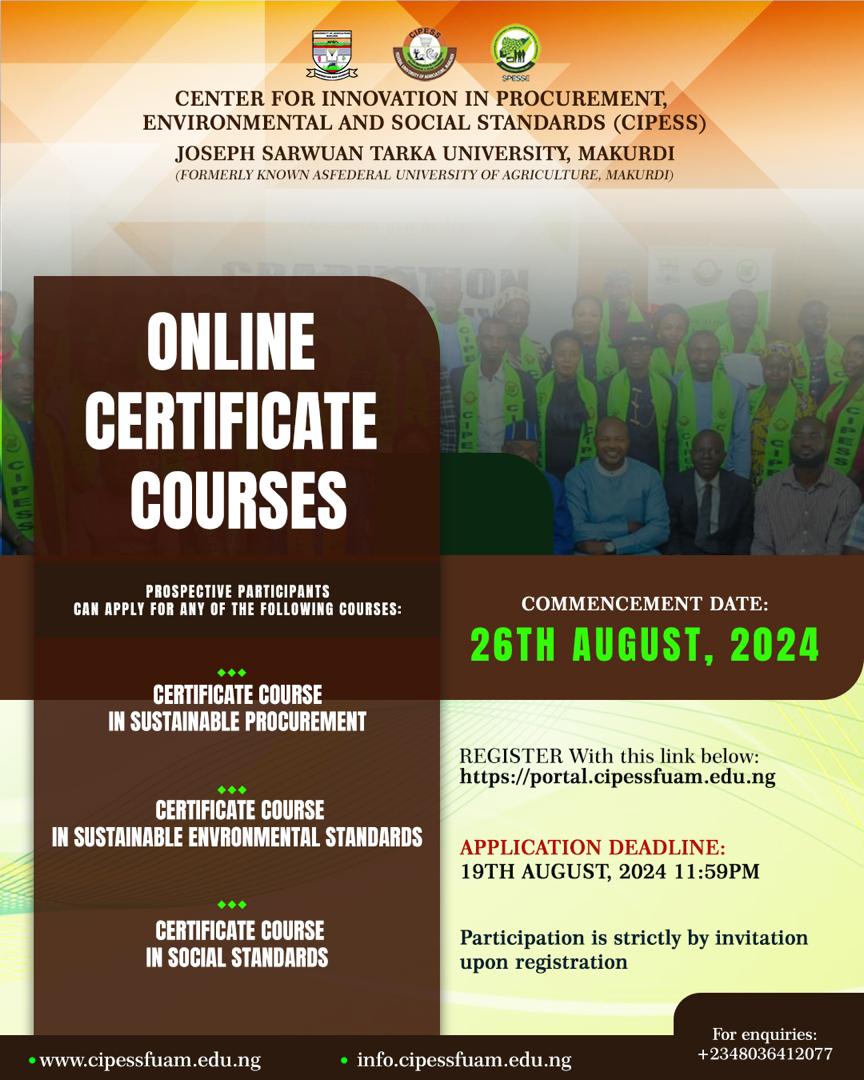 To participate in any of the Short courses (Track A) online, simply apply using this link portal.cipessfuam.edu.ng
See flyer for more details👆
Application deadline: 19th August, 2024 by 11:59 pm.
Commencement date: 26th August, 2024.

The Training is FREE of FINANCIAL COST.