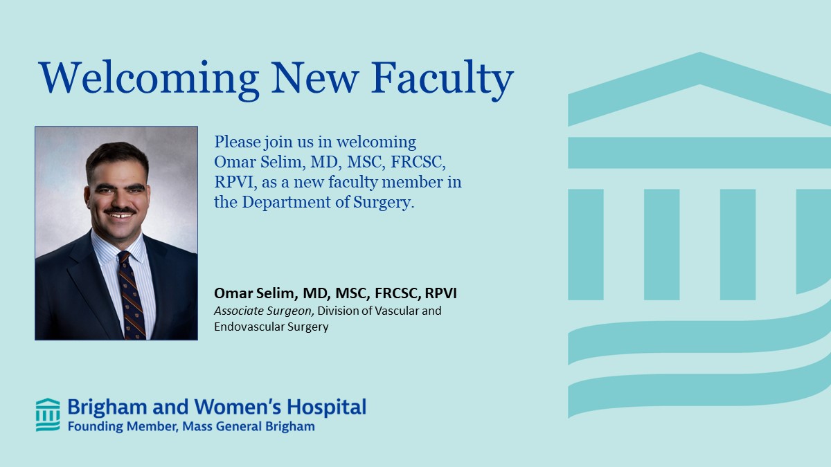 Brigham and Women’s Department of Surgery (@brighamsurgery) on Twitter photo We welcome <a href="/oselimvasc/">Omar Selim MD, MSc, FRCSC, RPVI</a> as a new faculty member <a href="/BrighamSurgery/">Brigham and Women’s Department of Surgery</a> <a href="/BrighamVascular/">BWH Vascular Surgery</a>!
bit.ly/4cwKxzL We welcome <a href="/oselimvasc/">Omar Selim MD, MSc, FRCSC, RPVI</a> as a new faculty member <a href="/BrighamSurgery/">Brigham and Women’s Department of Surgery</a> <a href="/BrighamVascular/">BWH Vascular Surgery</a>!
bit.ly/4cwKxzL