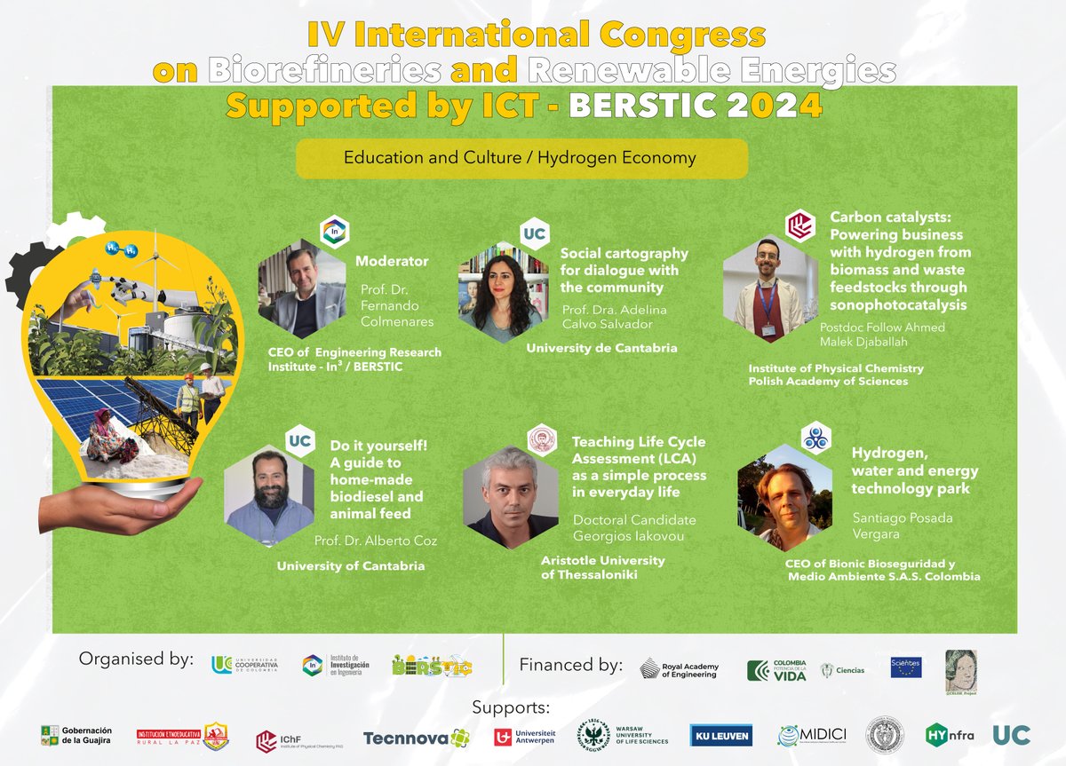 🚀 Exciting News! The 4th International Congress on Biorefineries &amp; Renewable Energies - BERSTIC 2024 is on Aug 20! 🌍
🔍 Focus: Hydrogen Economy &amp; Education
📍 La Guajira
🎙️ Featuring experts like Dr. Fernando Colmenares &amp; more!

👉 Register: forms.gle/eisTzhA4RDWfB8…
#BERSTIC2024