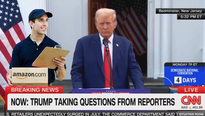 Amazon decides to piss off Donald "Dump" Trump by making a delivery during his speech. "Next Day", no<a href="/tag/farageriots"class="tags"><span>#farageriots</span></a>