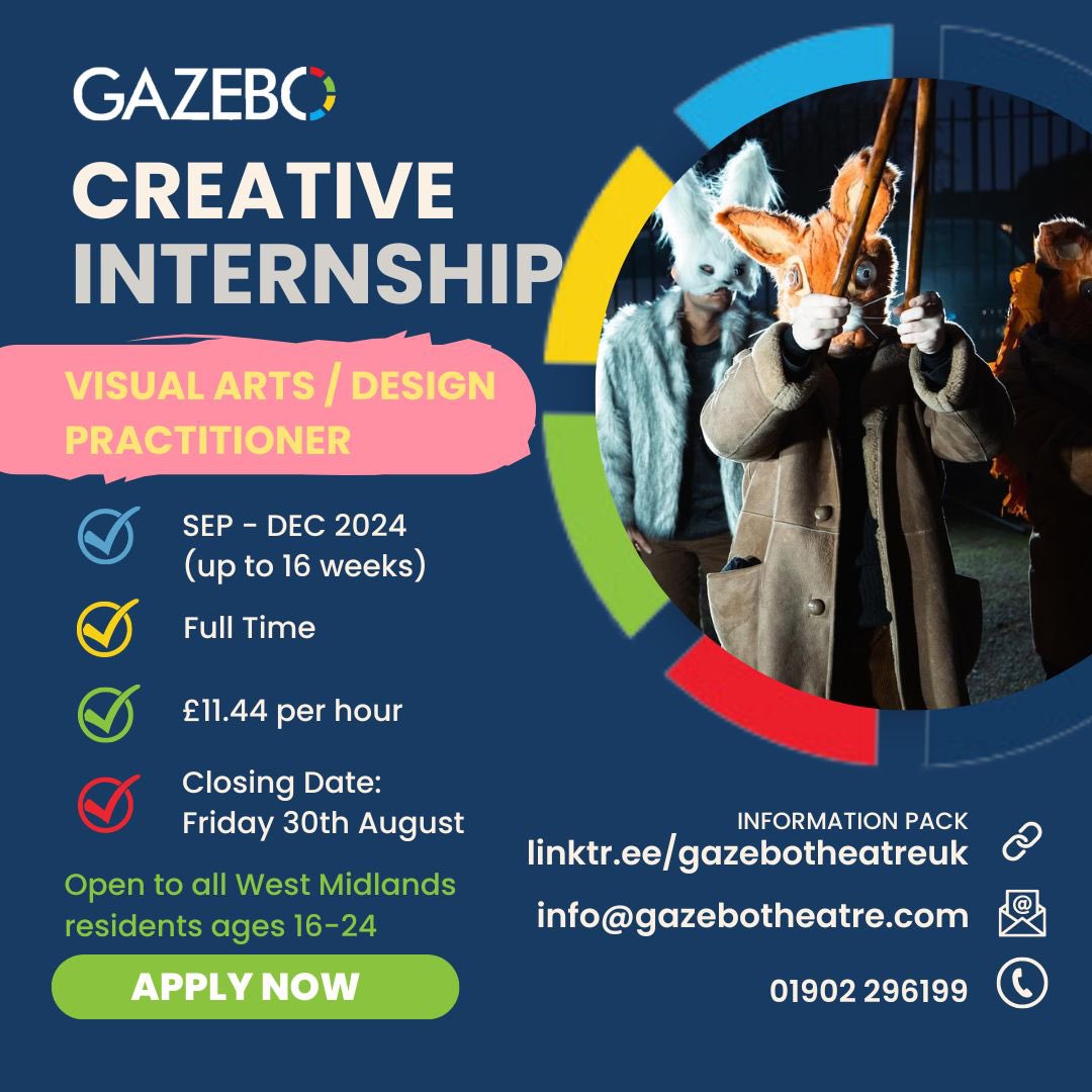 🚨 INTERNS WANTED! 🚨
We're offering two paid internships for ages 16-24 starting September! ✨
Actor/Facilitator🎭 &amp; Visual Arts/Design Practictioner🎨
🔗 Apply now! linktr.ee/gazebotheatreu…
 Deadline: Fri Aug 30th

#Internship #CreativeFutures #Activate #LetsCreate
