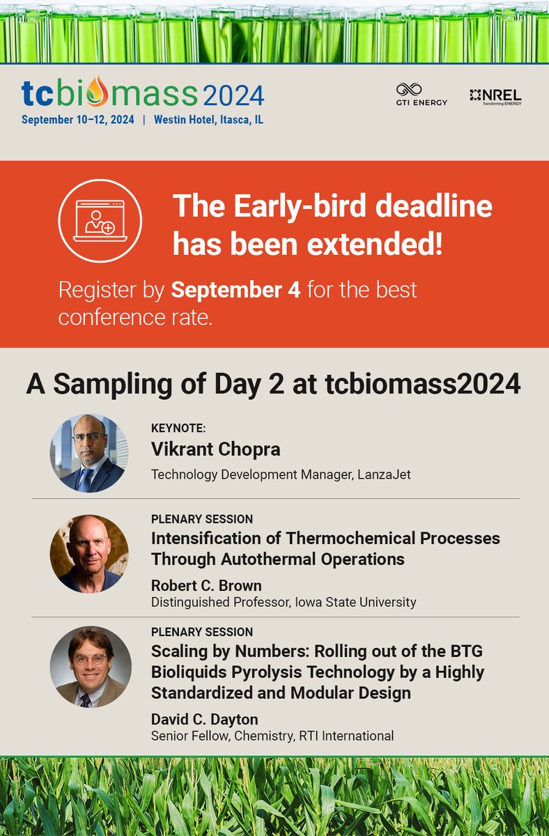 Early-bird registration is now open until 9/4! Join us on day two of #tcbiomass for a keynote from <a href="/LanzaJet/">LanzaJet</a>’s Vikrant Chopra, sessions on thermochemical processes &amp; pyrolysis tech, a panel on #advancedbiofuels funding, and more! 🌎➡️ linkedin.com/feed/update/ur…