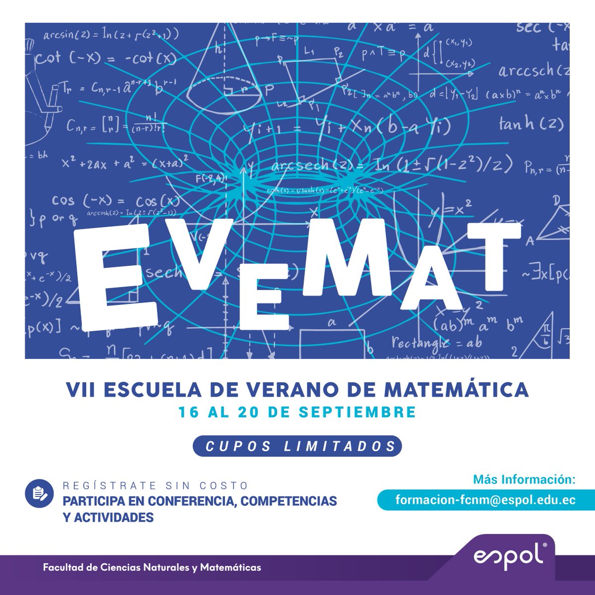 FCNM_Espol's tweet photo. Invitamos a la comunidad politécnica a la Escuela de Verano de Matemáticas, del 16 al 20 de septiembre. 

Participa sin costo de conferencias, competencias y actividades. 

 ¡Inscripciones abiertas! 
💻https://t.co/J3QcFpk4pG https://t.co/N50MQvbi3y