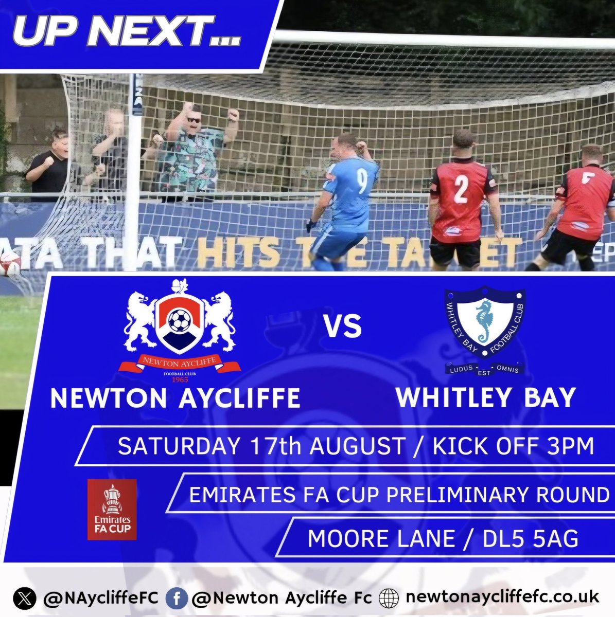 UP NEXT

Tomorrow afternoon our focus turns to The Emirates FA Cup as we welcome Whitley Bay to Moore Lane for our Preliminary Round fixture 

v <a href="/WhitleyBayFC/">Whitley Bay FC</a>  

<a href="/EmiratesFACup/">Emirates FA Cup</a>

Kick off 3pm