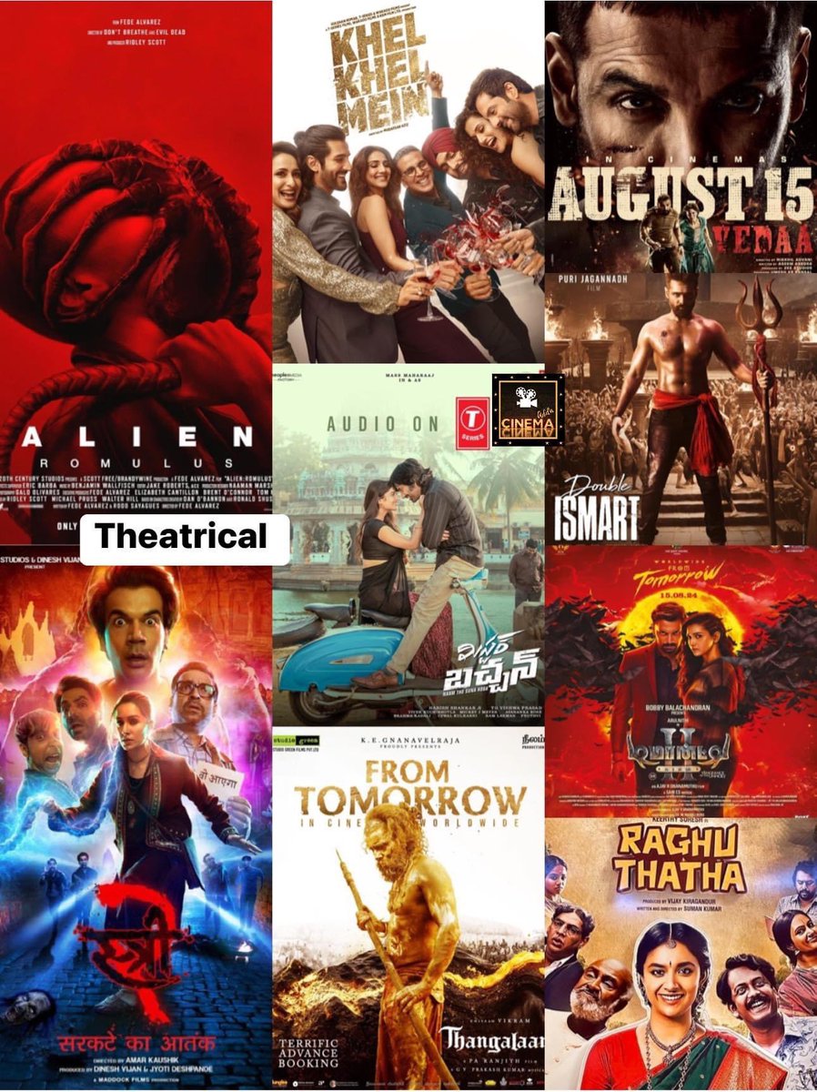 cineAddaUS's tweet photo. Aug 2024- Week 3 #WeekendKaAdda
Independence Day weekend special ๐ฎ๐ณ
Theatrical- #AlienRomulus #DoubleISMART #MrBachchan #Vedaa #Stree2 #KhelKhelMain #RaghuThatha #Aay #KrishnamPranayaSakhi #Thangalaan #DemonteColony2
OTT Movies- #Pekamedalu #Darling #Manorathangal #TheUnion https://t.co/kSpfcB9CAk