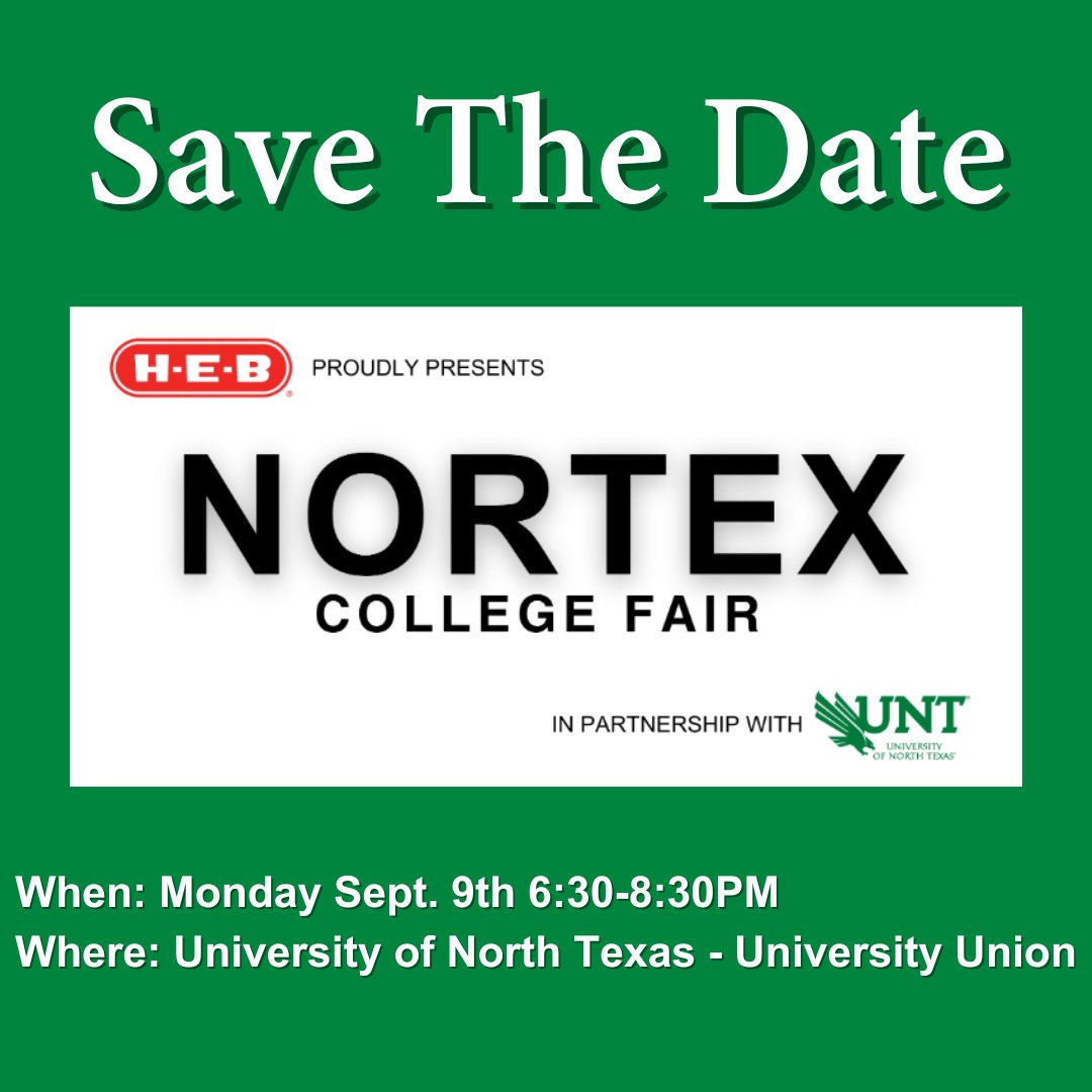 SAVE THE DATE!

Students and families are invited to attend the 2024 NorTex College Fair. Visit with more than 100 colleges and universities from Texas and around the country!

unt.edu/admissions/nor…

More information to come. <a href="/braswellhs/">Braswell High School</a>