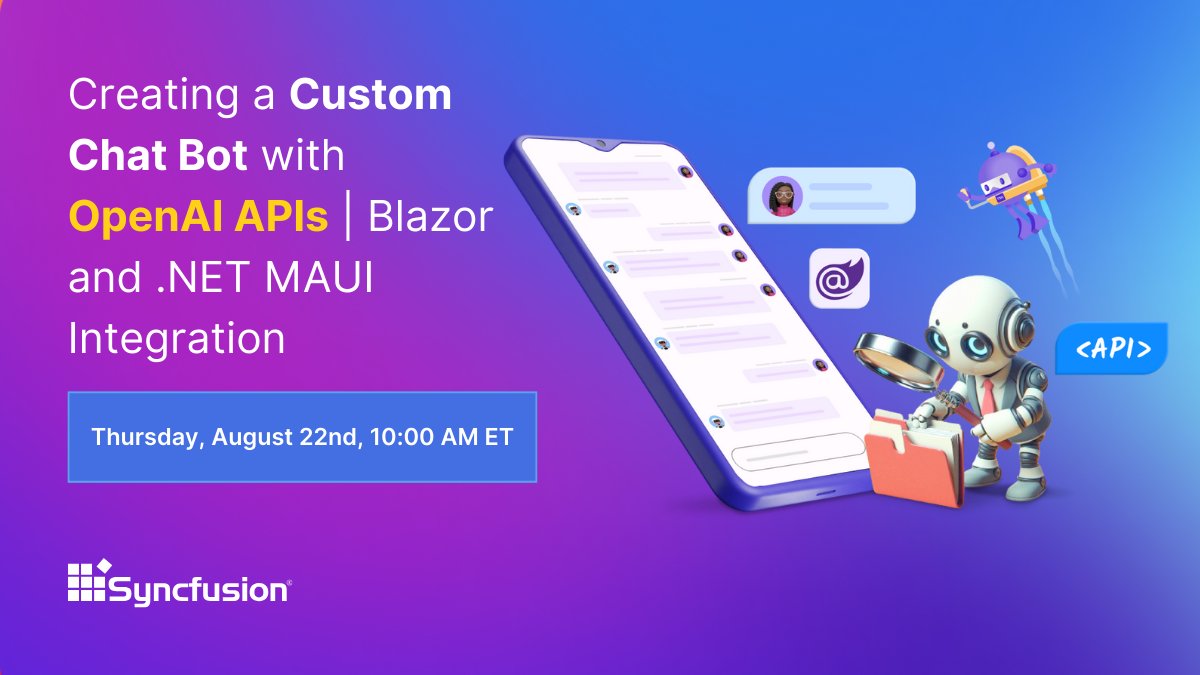 Syncfusion's tweet image. Join our immersive workshop on August 22nd, 2024, at 7:30 PM IST!
Learn to build a custom chatbot using OpenAI APIs with Blazor and .NET MAUI. 🚀
Don’t miss out—register now! my.demio.com/ref/956NPVBPLZ…
#Chatbot #OpenAI #CodingWorkshop