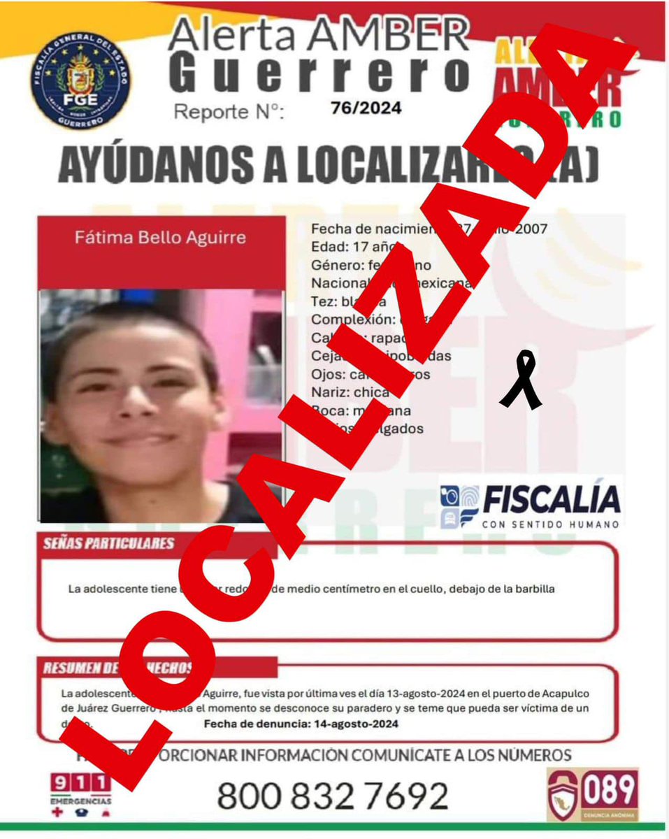 GuerreroSipinna's tweet photo. #AlertaDesactivada| El Comité de Alerta Amber Guerrero agradece su colaboración, Fátima Bello Aguirre ha sido localizada. https://t.co/kBzFYUcOiC
