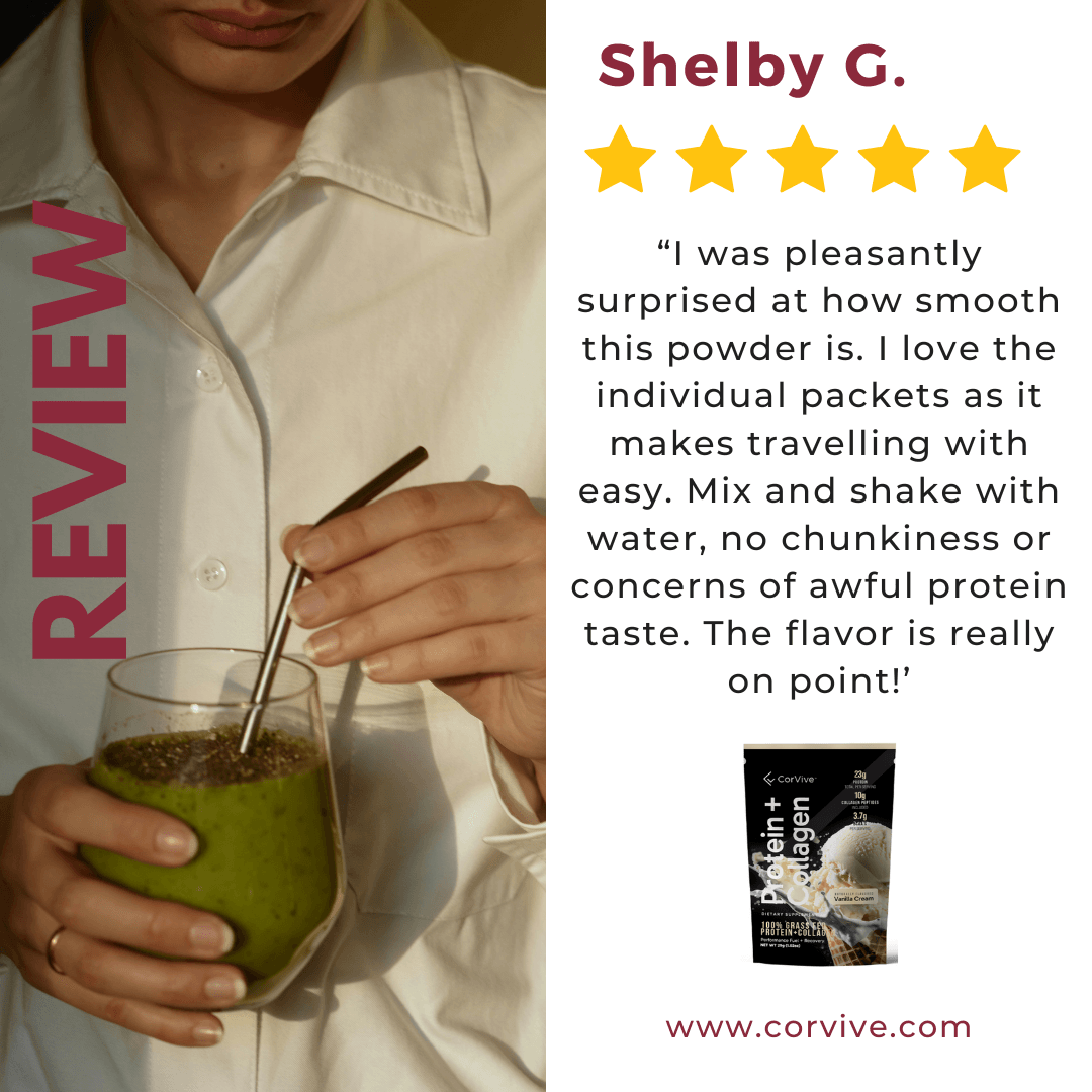 CorviveCorp's tweet image. Why choose CorVive's Protein + Collagen? 
Just read Shelby's review above!
Fuel your body with all natural ingredients and grass fed whey protein + added collagen.  Are you a vanilla or chocolate fan?
 #CorVive #GrassFedWhey 

corvive.com/products/prote…