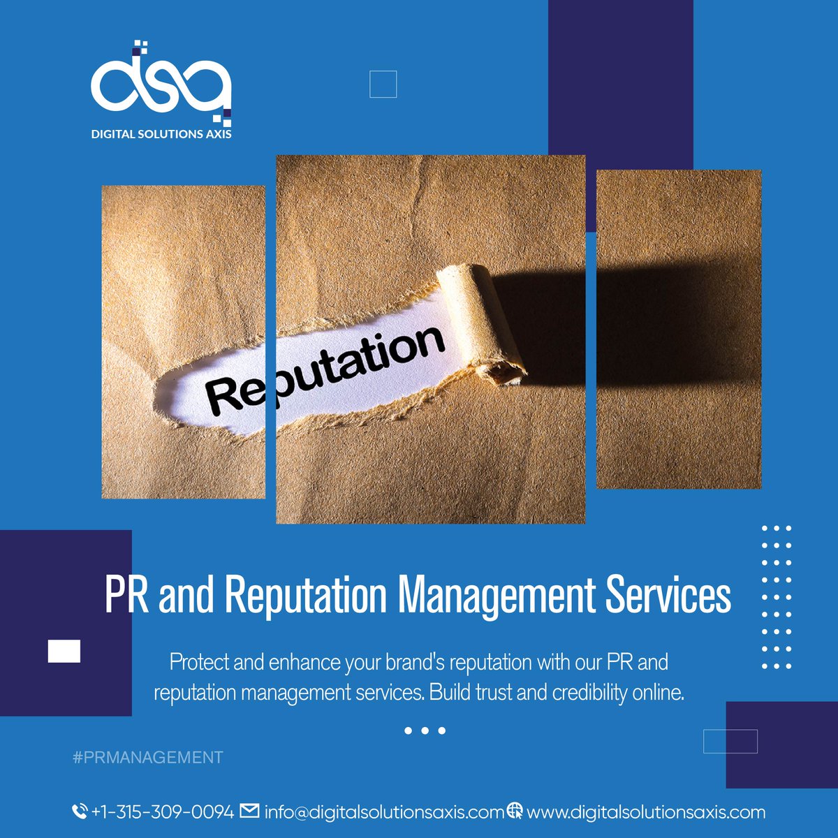 DigitalsAxis's tweet image. ๐๏ธ "Enhance your public image and manage your brandโs reputation with our expert PR and Reputation Management Services! At #DigitalSolutionsAxis, we specialize in crafting strategic PR campaigns and managing your brand's presence to ensure a positive image. Our team works d ...