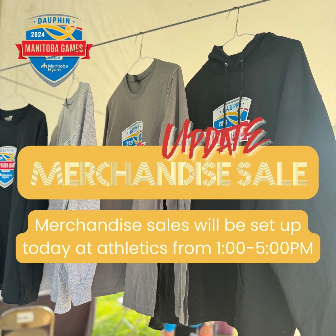 MERCHANDISE SALES ALERT!!!  

Merchandise sales will be set up today at athletics (Myles Haverluck Athletics Facility at the DRCSS) from 1:00-5:00PM. 

We will also be set up tonight at Party in the Park and before the closing ceremonies at Credit Union Place.