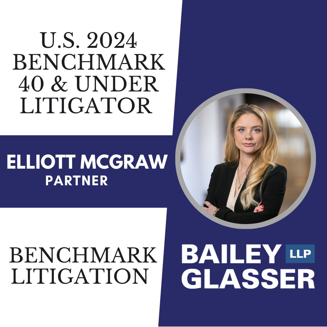 BaileyGlasser's tweet image. BG partner Elliott McGraw has been included in Benchmark Litigation’s 2024 Benchmark 40 &amp;amp; Under list for Northeast – Washington, D.C.  Learn more about Benchmark Litigation’s 40 &amp;amp; Under list here: ow.ly/vsi850SYK4K 

#benchmarklitigation #40andUnder #baileyglasser #thankyou