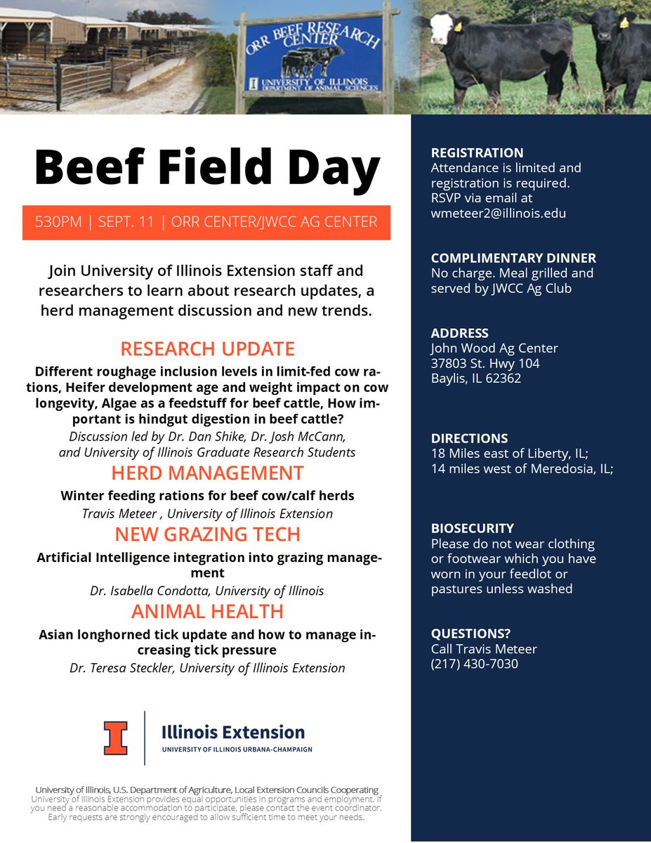 Mark your calendars! Join us on Wednesday, September 11th for the University of Illinois Orr Beef Research Center Field Day. The program will start at 5:30pm with a complimentary meal.