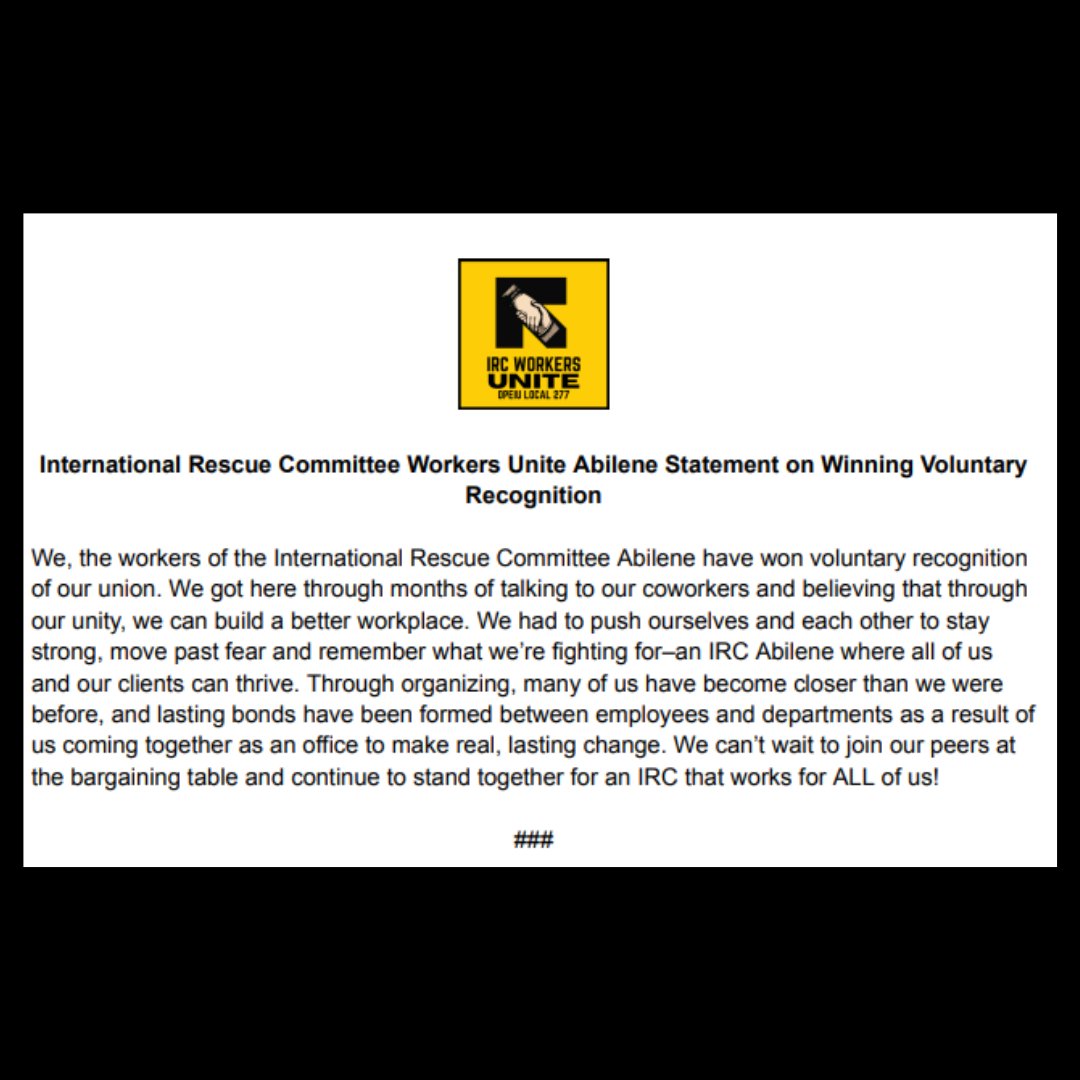 IRCworkersUNITE's tweet image. BREAKING: We have won voluntary recognition of our union in the IRC Abilene office! 

The work we do in West Texas has never been more important. By forming our union with @OPEIU_277, we take our seat at the table.

See our full statement below: