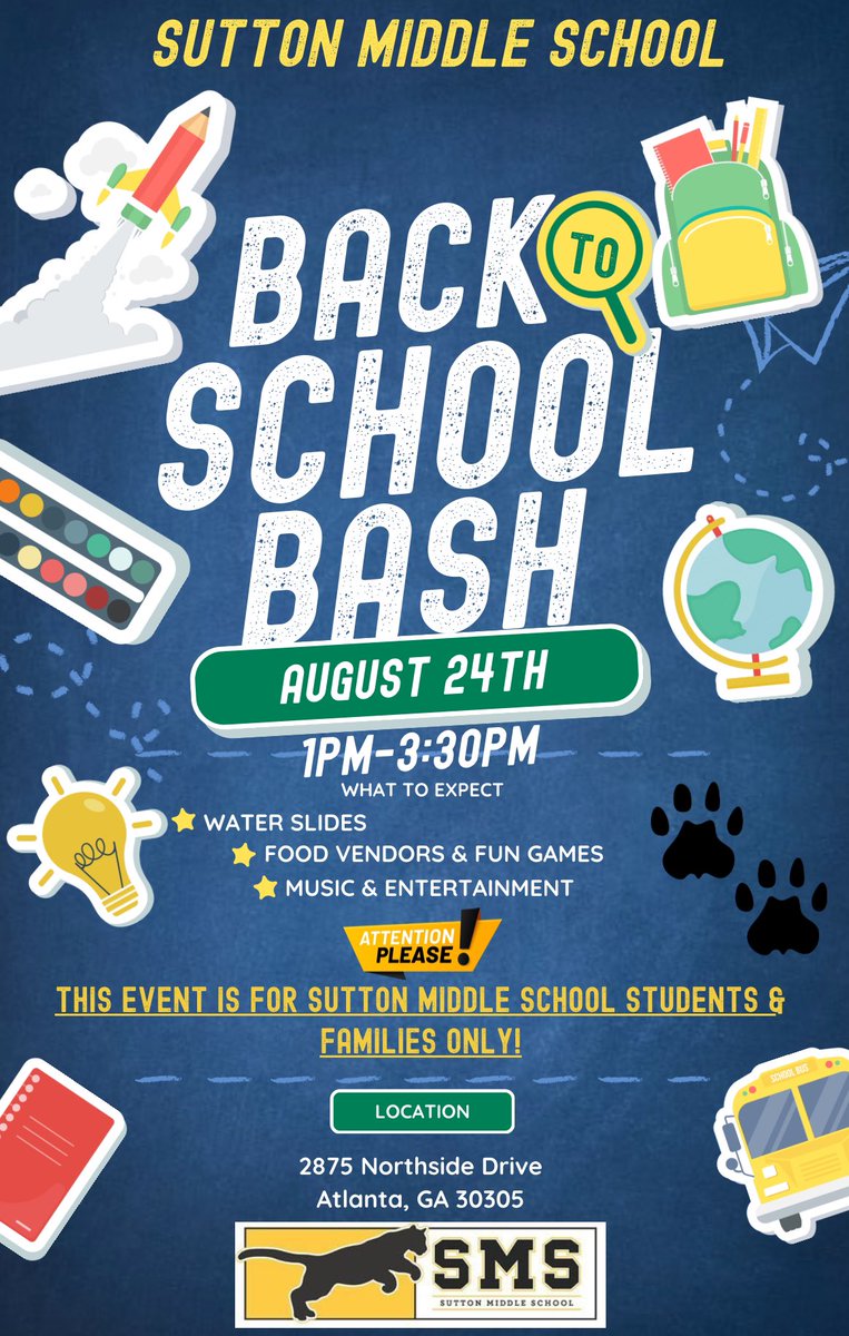 🎉 Sutton Families, get ready for our Back 2 School Bash! 🎒 Join us on August 24th, 1-3:30pm, at our Northside Campus! 🎶 Great music, good food, fun activities, and awesome company—exclusively for Sutton families &amp; students! 💛 #SuttonStrong <a href="/SuttonCougars/">Sutton Cougars</a>