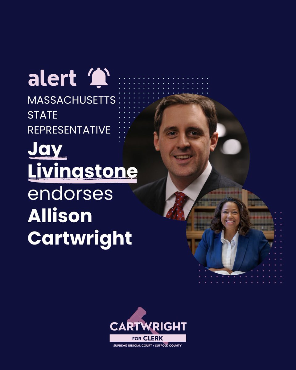 ElectCartwright's tweet image. 🚨 ENDORSEMENT ALERT ‼️: Allison is thrilled to earn the endorsement of Massachusetts State Representative Jay Livingstone!
👉 Learn more about the #cartwrightforclerk campaign here! cartwrightforclerk.org