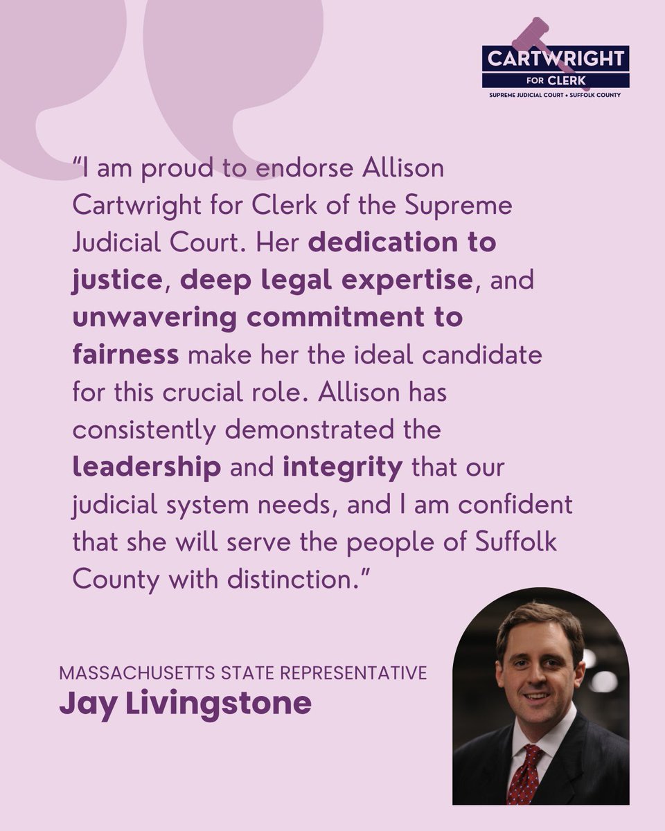 ElectCartwright's tweet image. 🚨 ENDORSEMENT ALERT ‼️: Allison is thrilled to earn the endorsement of Massachusetts State Representative Jay Livingstone!
👉 Learn more about the #cartwrightforclerk campaign here! cartwrightforclerk.org