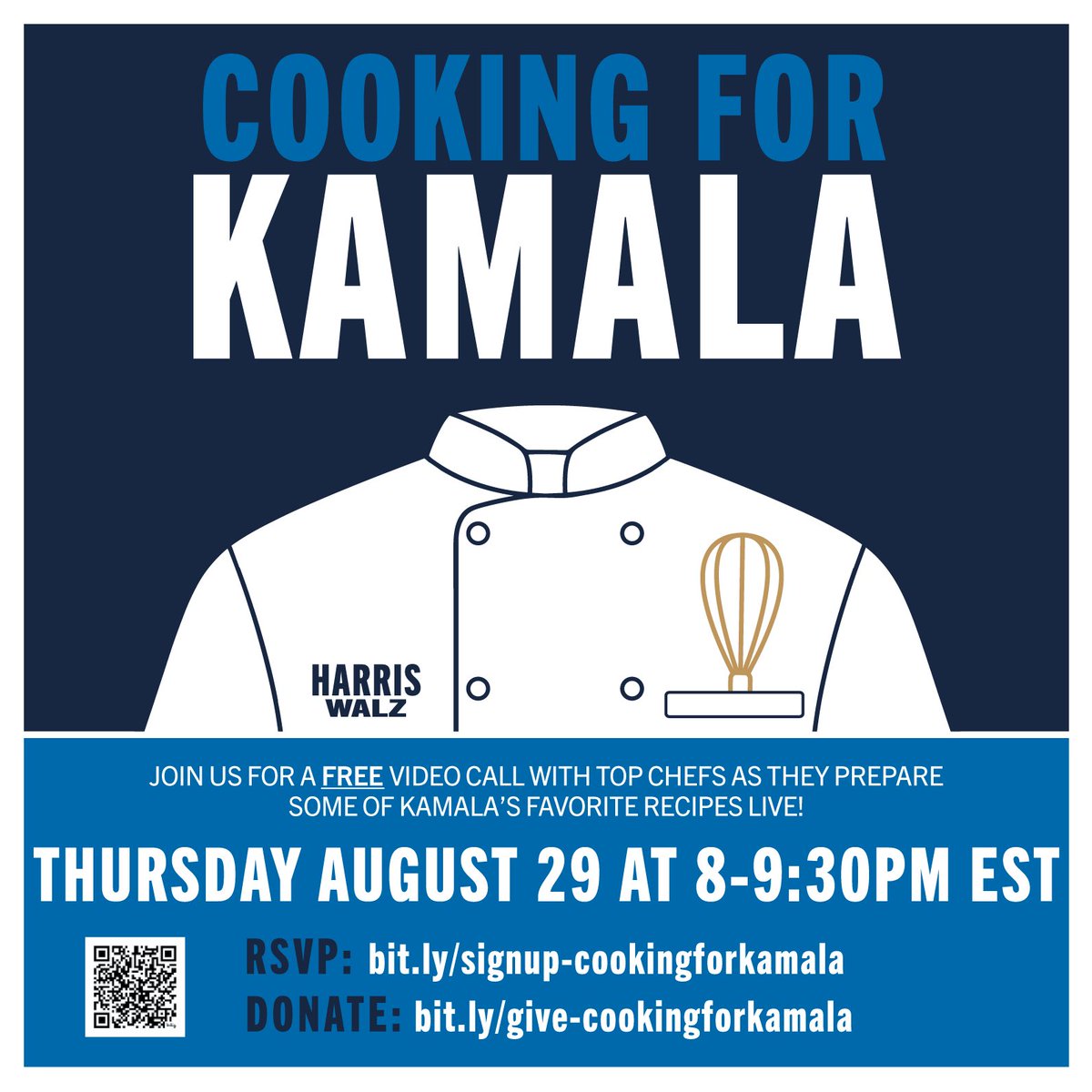 🍽Attention All Food Lovers and Aspiring Chefs 🍽
Join us and some of my favorite chefs for COOKING FOR KAMALA - a FREE live video call on Thursday, August 29 at 8:00PM ET! 
🧵…