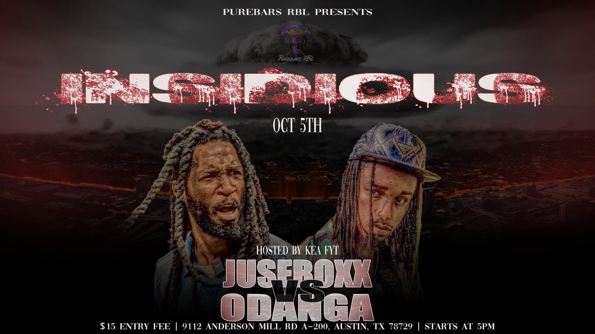 And here’s the second drop. JU$EBOXX vs Odanga will be one you don’t want to miss.

Oct 5th #austintx #roundrock #PBRBL #purebarsrbl