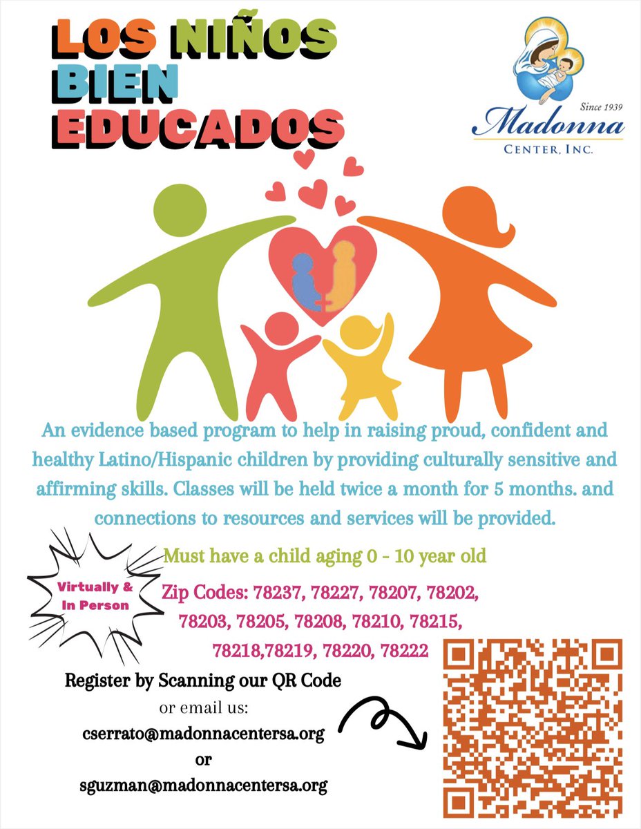 Madonna Center and Dual Generation invites you to join our Los Ninos Bien Educados Classes.
This 10-session course is an evidenced based parenting program to help raise proud, confident and healthy Latino/Hispanic children.
Click the link to learn more. 
 docs.google.com/.../1FAIpQLSf5…