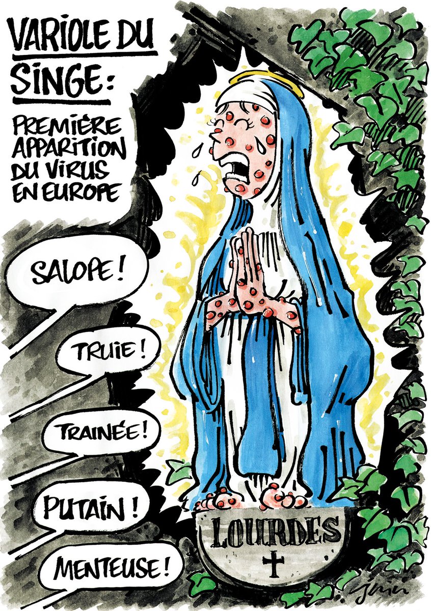 ojim_france's tweet photo. ⚡La Vierge Marie traitée de "salope", "trainée", "truie" et "putain" : polémique après le dessin du jour de @Charlie_Hebdo_ qui se paie et insulte les Chrétiens en associant, sans aucune raison, la Vierge Marie à la #VarioleDuSinge. #Mpox #assomption