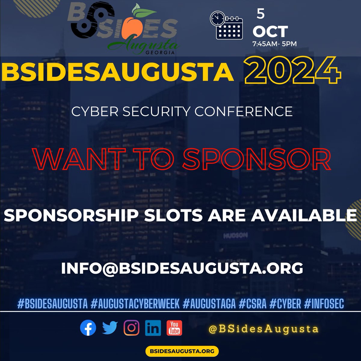 BSidesAugusta's tweet image. Want to sponsor #BSidesAugusta 2024? Send us an email Info[at]BSidesAugusta[.]org #AugustaCyberWeek #AugustaGA #csra #cyber #cybersecurity #infosec buff.ly/3M08wMX buff.ly/46DTwOk