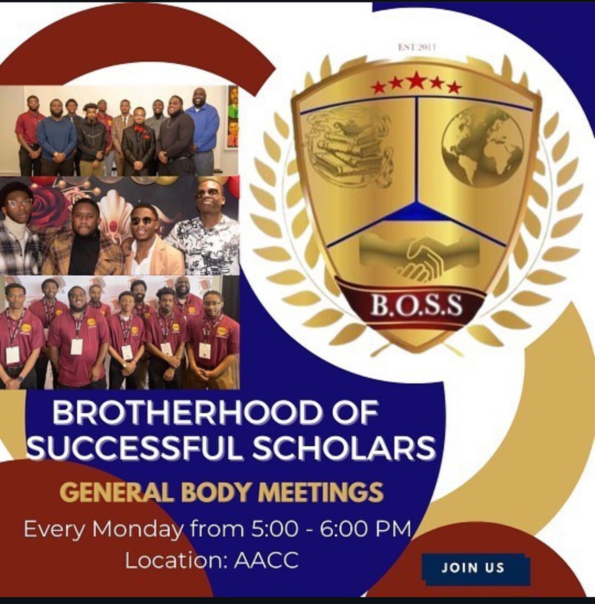 The Brotherhood of Successful Scholars (BOSS) wants you to join them.  General body meetings are every Monday from 5-6pm in the Charles E. Brown African American Cultural Center. #welcometoindianastate