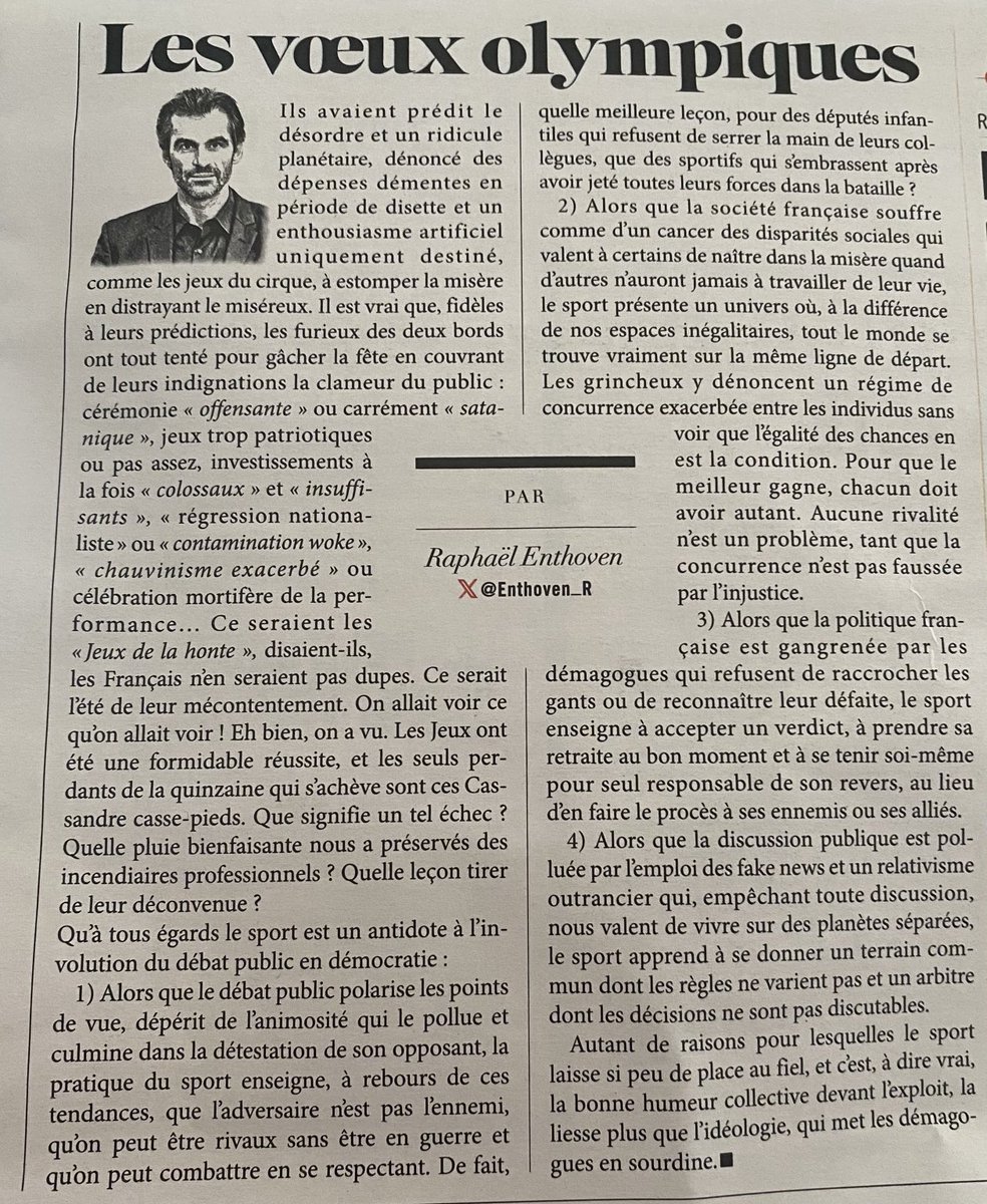 Oui que cette réussite incontestable, que cet événement planétaire parfaitement organisé, que cet enthousiasme et cette concorde puissent servir d’éclairage à la vie politique française. Encore bravo ⁦<a href="/Enthoven_R/">Raphaël Enthoven</a>⁩ pour le fond et la forme.