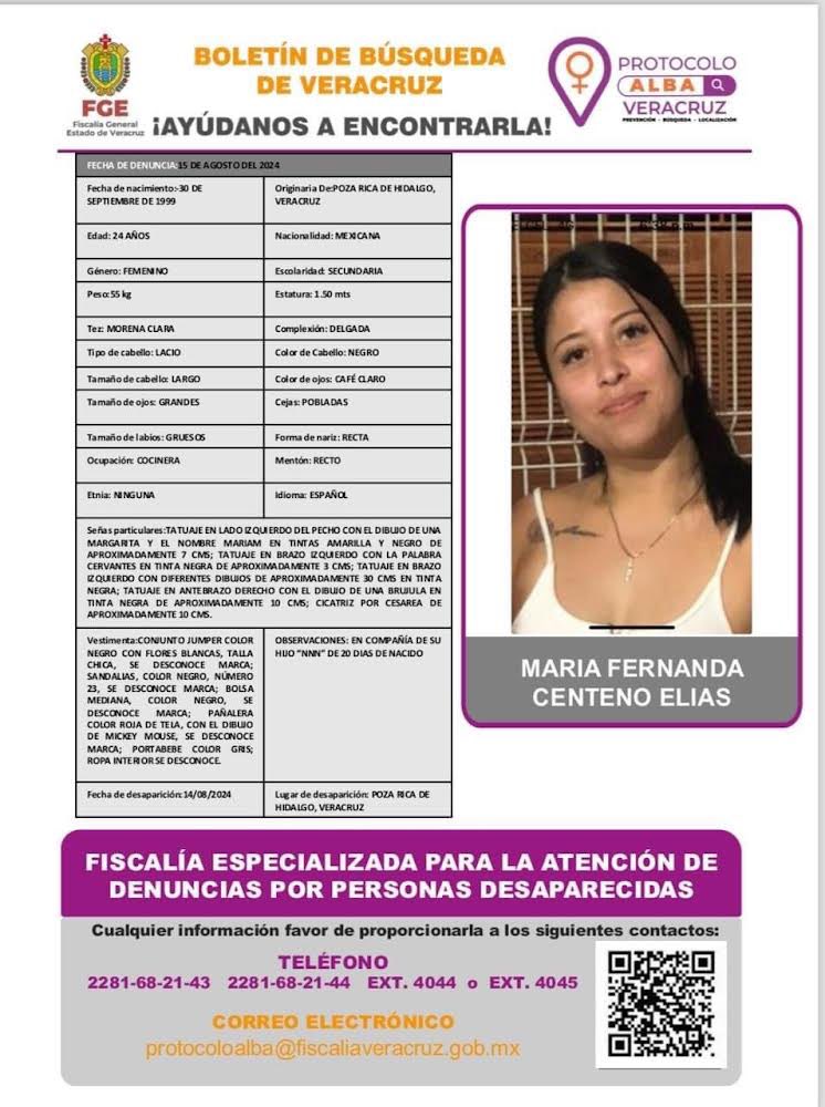 #Veracruz | Solicitamos su apoyo para difundir la ficha de búsqueda de Fernanda Centeno, vista por última vez el 14 de agosto en Poza Rica, iba en compañía de su bebé de 20 días de nacido.

Cualquier información sobre su paradero favor de reportarla a los contactos de la imagen.