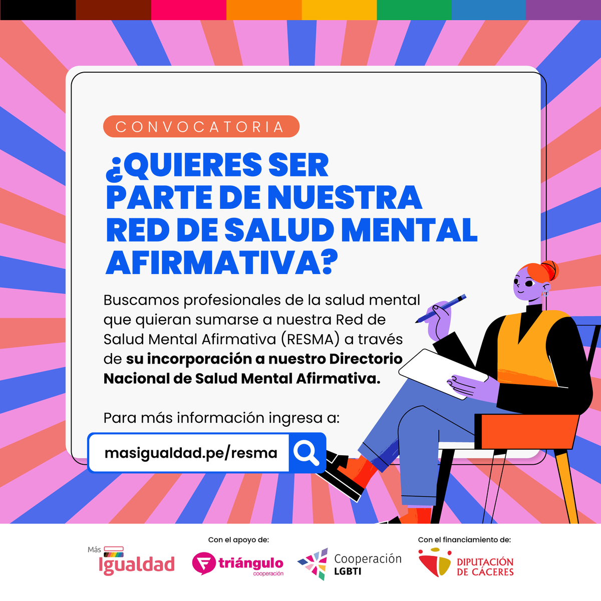 masigualdadpe's tweet photo. ¿Eres un profesional de la salud mental comprometido con la no discriminación por orientación sexual e identidad de género? Súmate a nuestra Red de Salud Mental Afirmativa (RESMA) e incorpórate al Directorio Nacional de Salud Mental Afirmativa. 🫂 https://t.co/vRUAca1cus