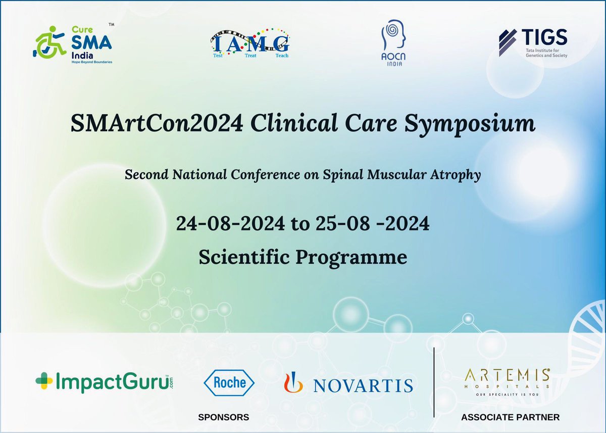 curesmaindia's tweet photo. Join SMArtCon, the 2nd national conference on SMA organized by @curesmaindia, on Aug 24-25 at Hotel Lemon Tree, Gurgaon. Experts, researchers, and families unite to share groundbreaking research, compassionate care &amp; collaboration. Register at : https://t.co/q5bfJOcN7J https://t.co/8LkhLAwPUn