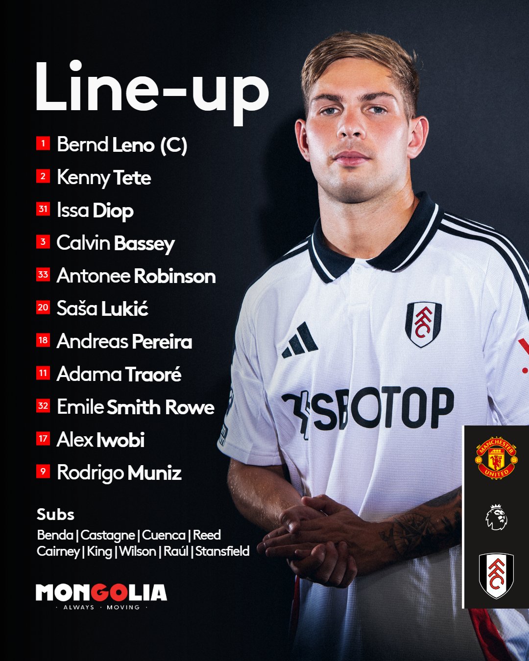XI: Leno; Tete, Diop, Bassey, Robinson; Lukić, Andreas; Adama, Smith Rowe, Iwobi; Muniz.

Subs: Benda, Castagne, Cuenca, Reed, Cairney, King, Wilson, Raúl, Stansfield.