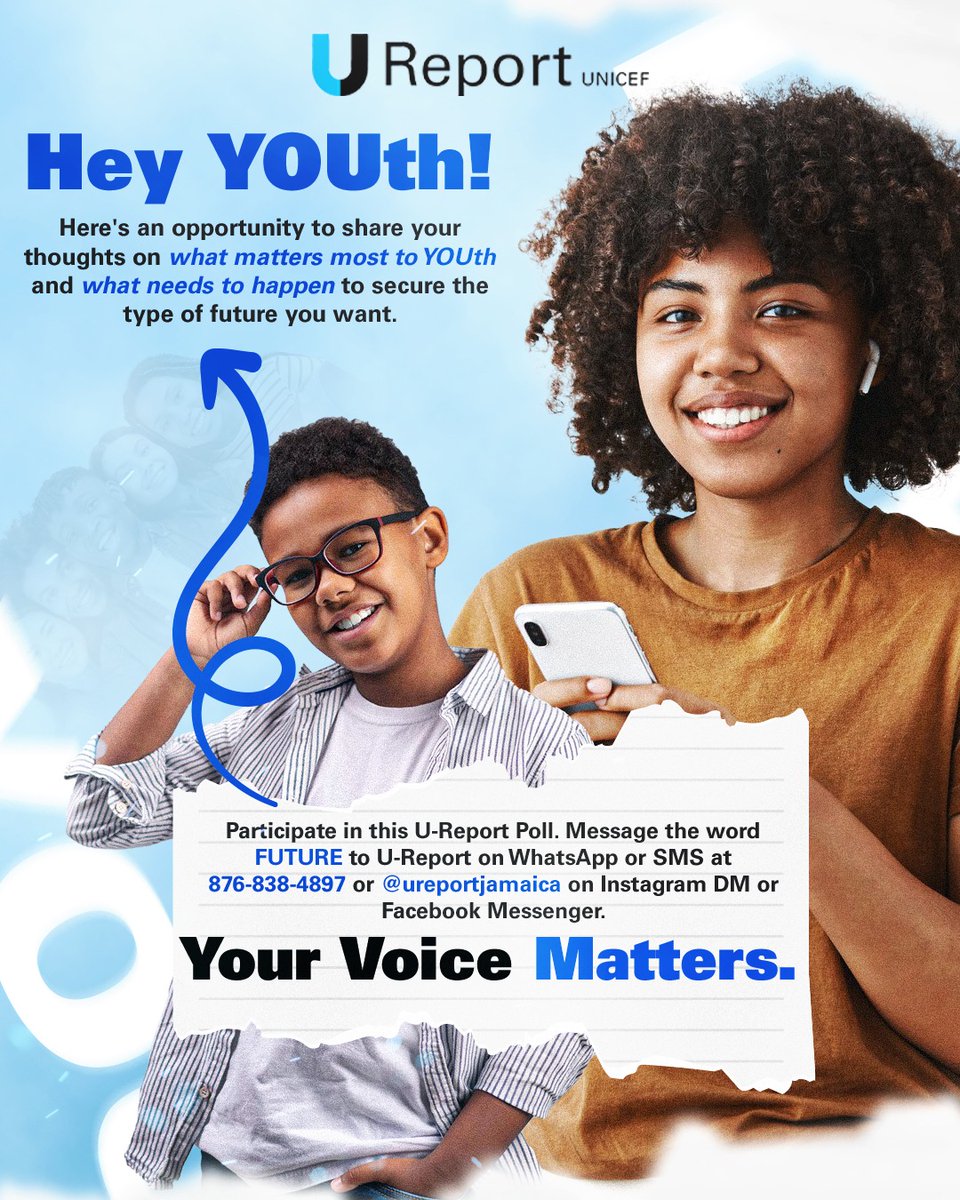 UNICEFJamaica's tweet photo. We want to hear from YOUth. Complete our U-Report poll and help shape the future with world leaders when they gather at the United Nations General Assembly in September.
📲Text the word "future" to U-Report at 876-838-4897**
#YouthDialogue #MFAFT #MOEY #UNJamaica https://t.co/NXiSO1M05j