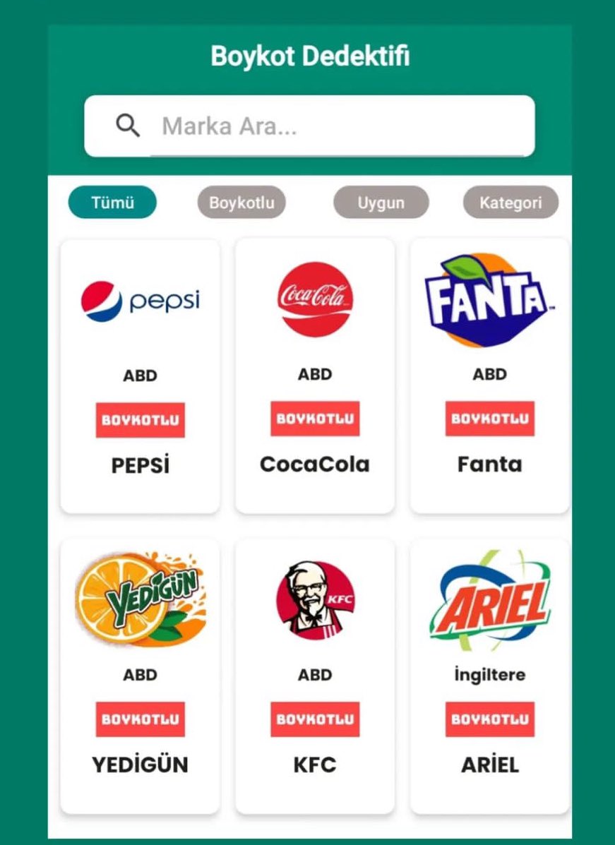 Boykotdedektifi Mobil Uygulamamızın Yayınlanmasına Günler Kaldı. Gözden Kaçırdığımız Marka Kalmaması için
En Çok Merak Ettiğiniz 5 Markayı Yoruma Yazar mısınız.Kaçırdığımız Eklemediğimiz Marka Varsa Ekleyelim.

#Boycott