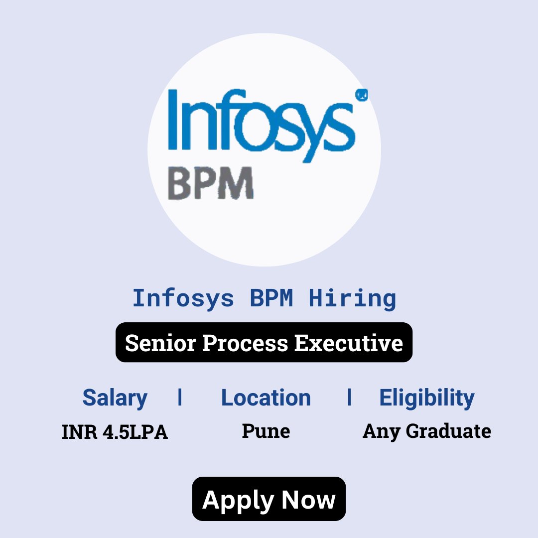 karthikpattadi's tweet image. 🔍 Infosys BPM Off Campus Drive 2024 🔍

Infosys BPM is conducting an Off Campus Drive for the position of Senior Process Executive in 2024.

🔗 Apply Here: zurl.co/8e2u

💬 Join Our WhatsApp Group: zurl.co/ySPA

#InfosysBPM #OffCampusDrive #ProcessExecutive